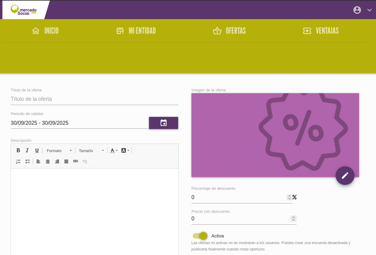 Panel entidad publicar oferta